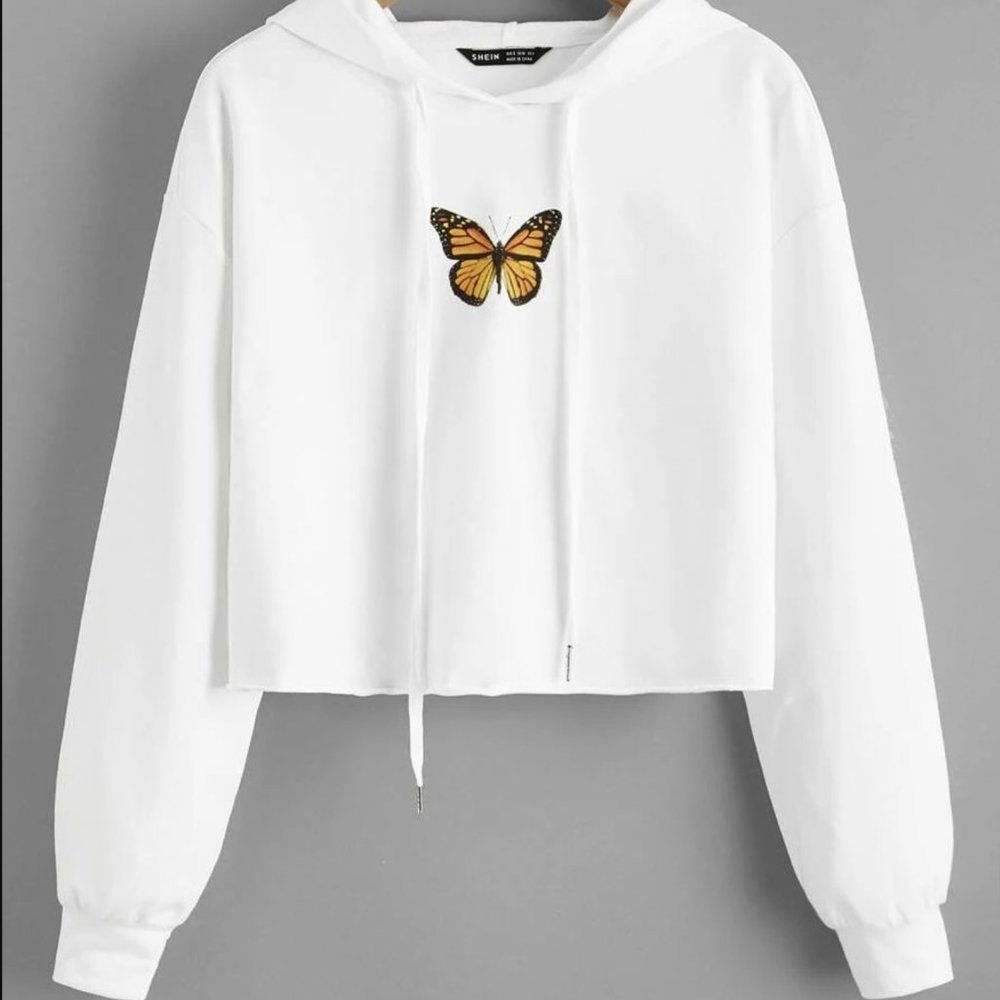 Drop Shoulder Drawstring Detail Butterfly Print Hoodie
